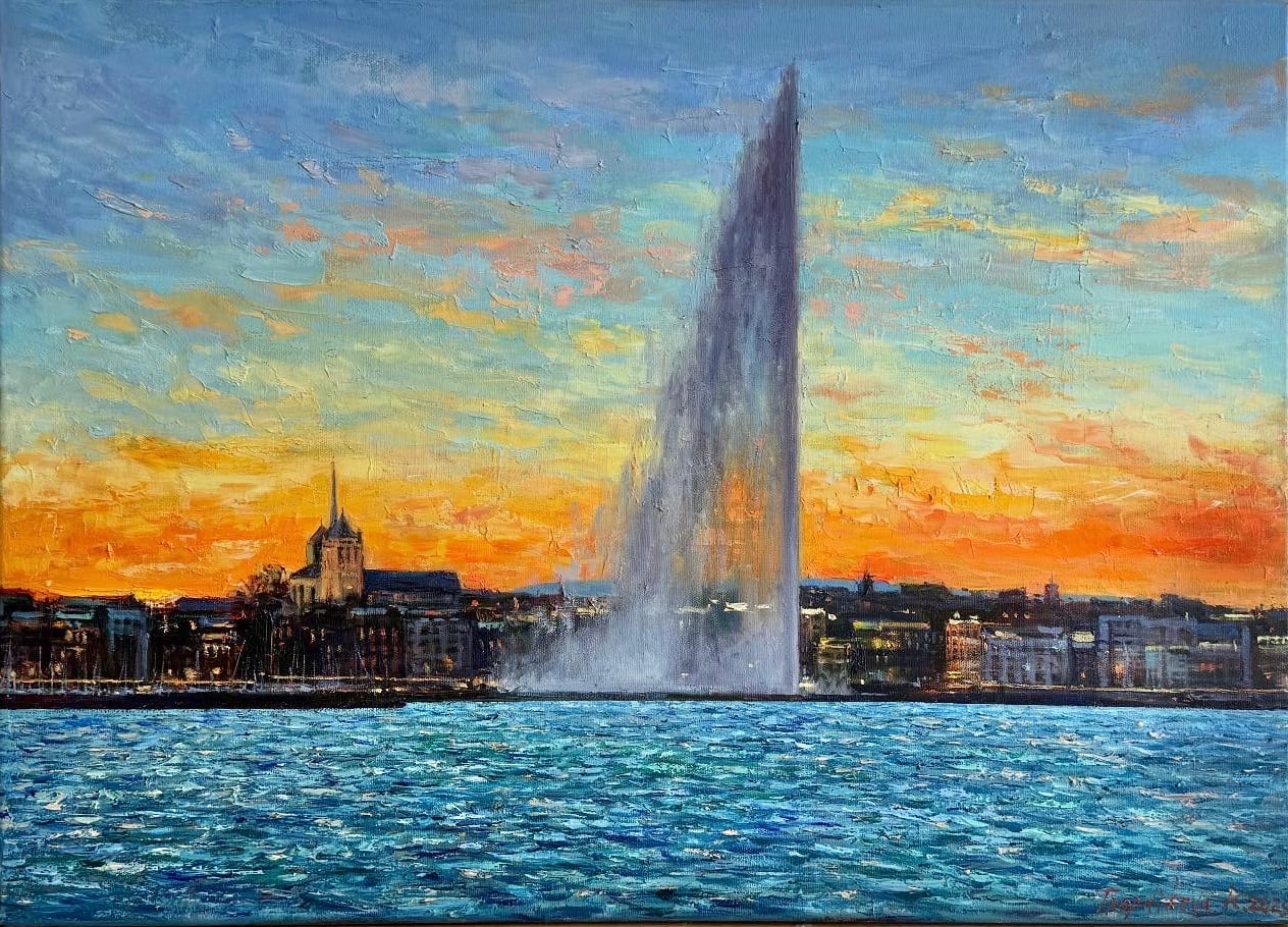 Geneva sunset - Original painting by Kateryna Tropnikova